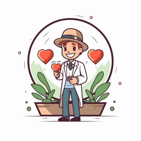 Vector illustration of a man in a hat holding a heart in a light