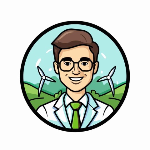 Vector illustration of a male scientist or doctor with wind turb