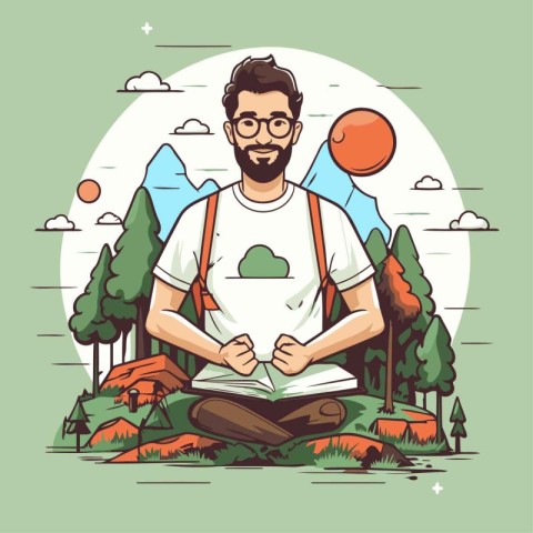 Man meditating in lotus position on nature background. Vector il