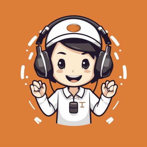 cute nurse with headphone and microphone isolated on orange back