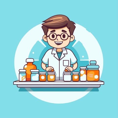 Cartoon character of a pharmacist in a laboratory. Vector illust