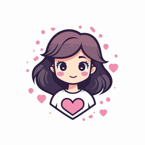 Cute girl with long hair and heart shape. Vector illustration.