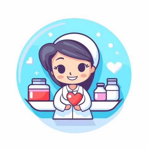 Nurse holding a heart and a bowl of pills. Vector illustration.