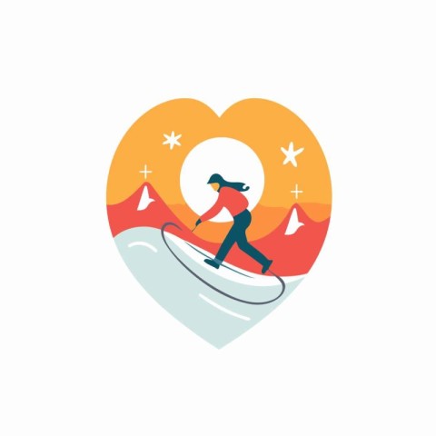 Surfer with heart shape vector illustration. Surfing in love con