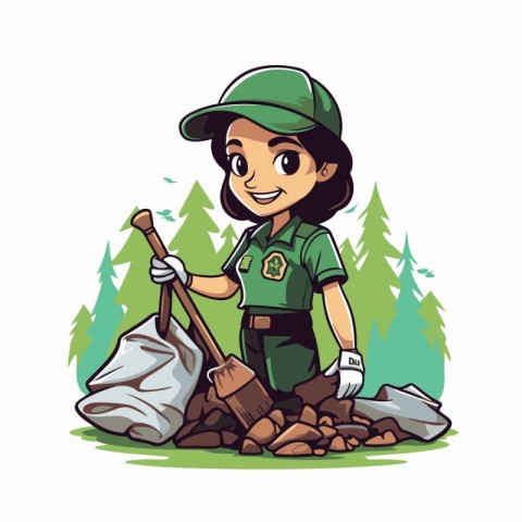 Cute cartoon girl with shovel in the forest. Vector illustration