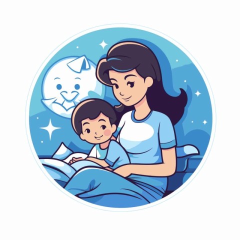 Mother and son reading book in bed cartoon round icon vector ill