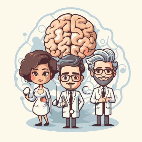 Brain doctors with human brain. Vector illustration in flat cart