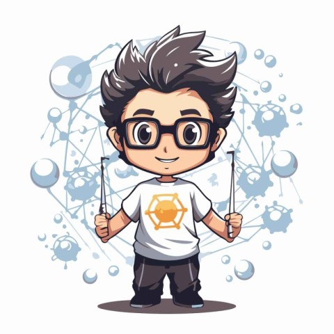 Cute boy in science costume with magic wand and crystal ball. Ve