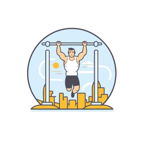 Man doing pull-ups on barbell. Flat style vector illustration.