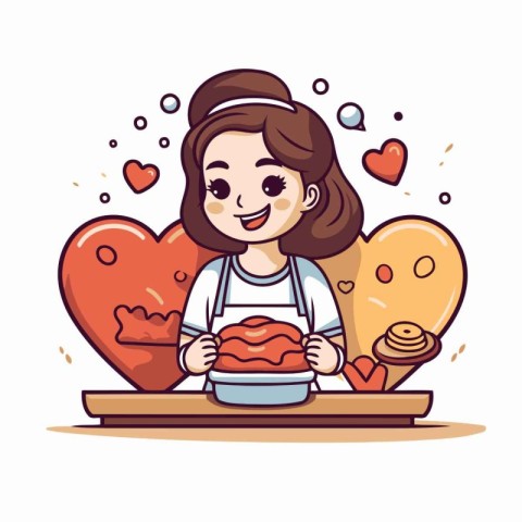 Vector illustration of a girl holding a piece of cake in her han