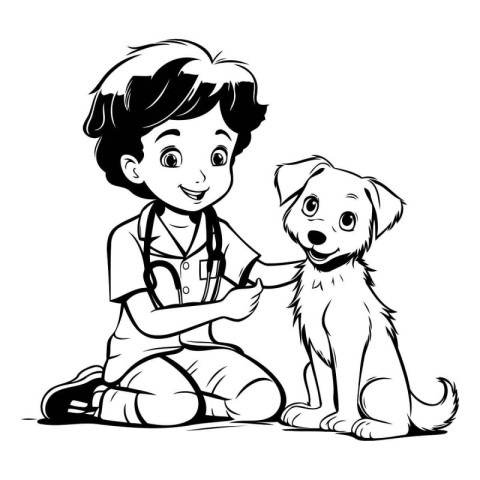 Veterinarian with a dog. Black and white vector illustration.