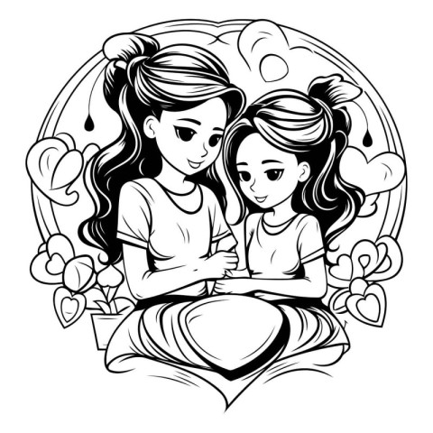 Mother and daughter hugging each other. black and white vector i