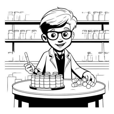 Pharmacist in the drugstore. Black and white vector illustration