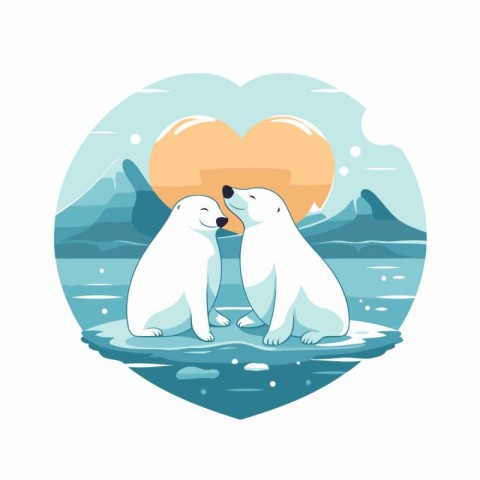 Two polar bears in love on the background of the heart. Vector i