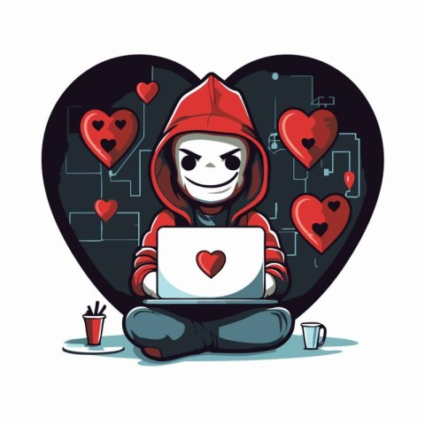 Hacker with a laptop in the shape of a heart. Vector illustratio