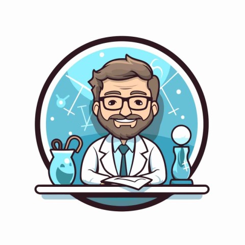 Scientist in lab coat holding a book. Vector illustration in car