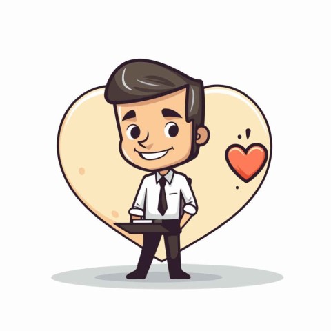 Businessman with heart and laptop. Vector illustration in cartoo