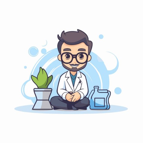 Cartoon doctor sitting in lotus pose. Vector illustration in fla