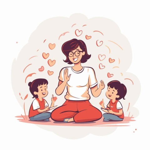 Mother and her children sitting in lotus position. Vector illust