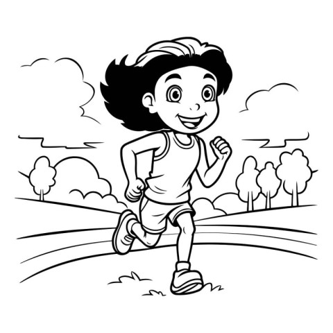 Cute little girl running in the park. black and white vector ill