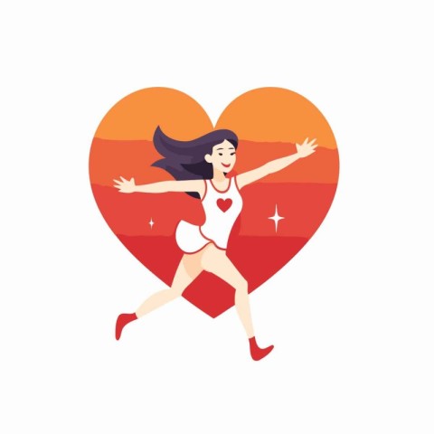 Happy woman jumping in the shape of a heart. Vector illustration