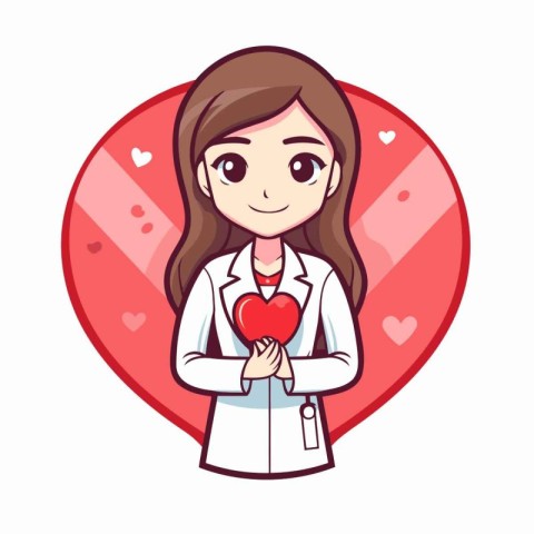 Female doctor holding a red heart. Vector illustration in cartoo