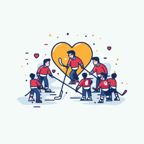 Group of people playing hockey together. Teamwork concept. Vecto