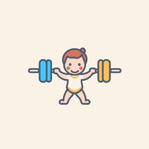 Baby lifting barbell line icon. Cute cartoon vector illustration