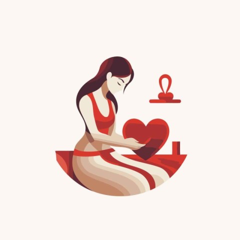 Pregnant woman with red heart in her hands. Vector illustration.