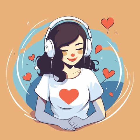 Beautiful girl listening to music with headphones. Vector illust