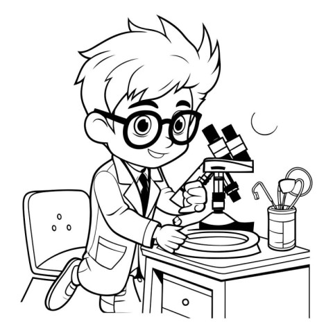 Boy doing science experiments in the laboratory. black and white