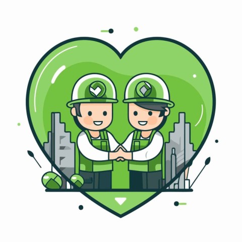 Couple of workers holding hands in heart shape. Vector illustrat