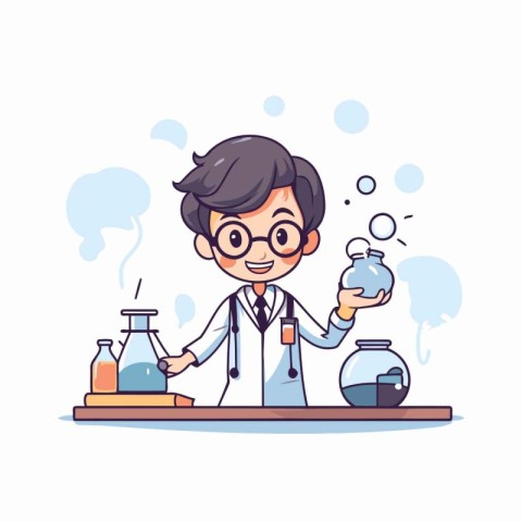 Cartoon scientist working in laboratory. Vector illustration in