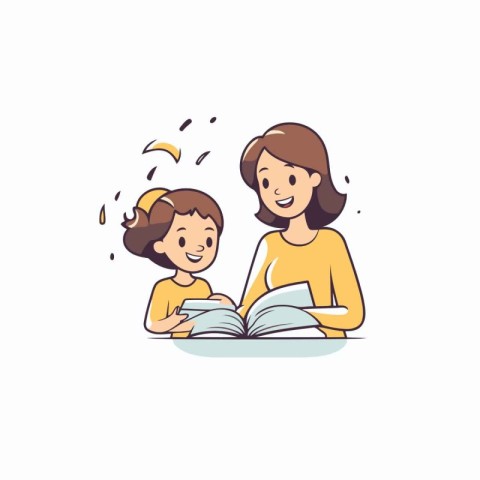 Mother and daughter reading a book. Vector illustration in carto