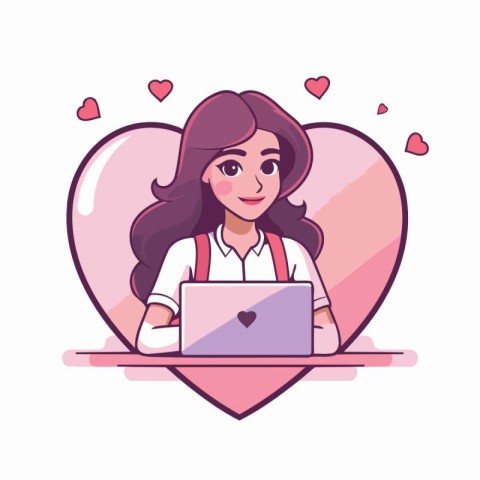 Young woman with laptop and hearts around. Vector illustration i