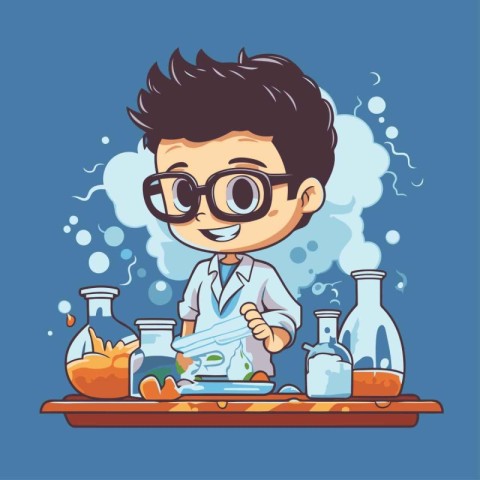 Scientist boy working in the laboratory. Vector cartoon characte