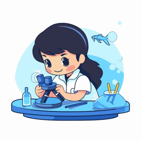 Cute little girl studying science in the laboratory. Vector illu