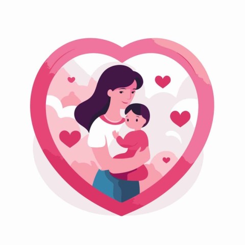 Mother and baby in heart shape. Vector illustration in flat cart