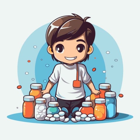 Cute little boy playing with pills. Vector illustration in carto