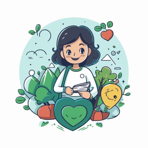 Cute cartoon girl with a book in her hands. Vector illustration.