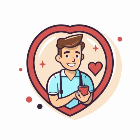 Man with coffee cup in heart shape. Vector illustration in carto