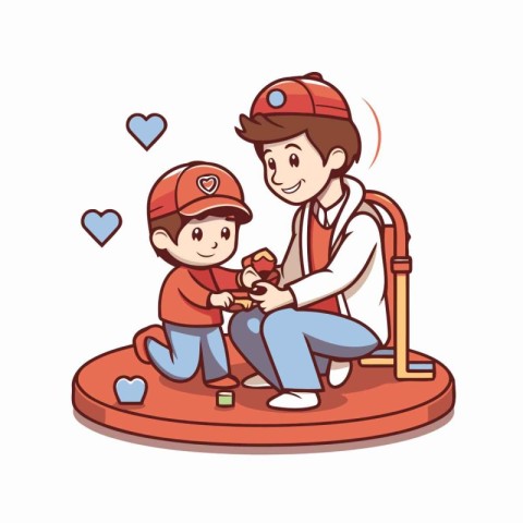 Illustration of a Father and Son Playing with a Toy Car on the P