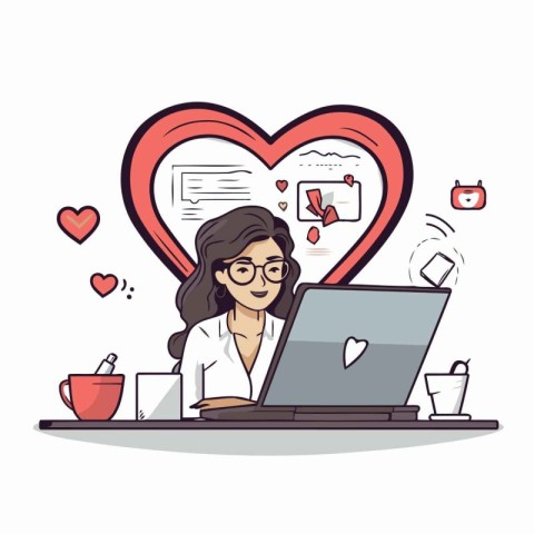 Vector illustration of a woman working on a laptop with a heart