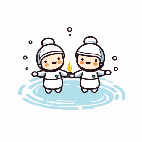 Cute cartoon boy and girl playing in water. Vector illustration.