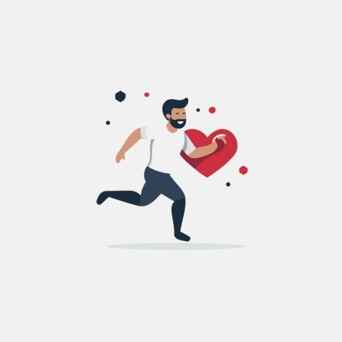 Vector illustration of a man running with a big heart in his han