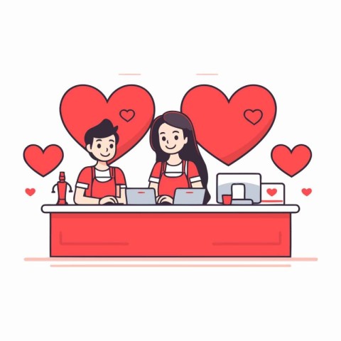 Couple in love at reception desk with laptop. Flat style vector