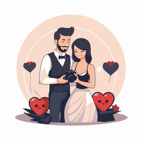 Wedding couple in love. Bride and groom with camera. Vector illu