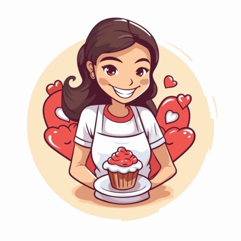 Cute little girl with cupcake and heart. Vector illustration.