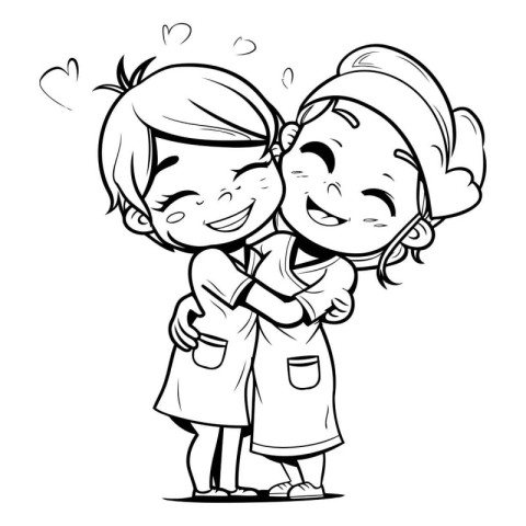 Black and White Cartoon Illustration of Cute Little Boy and Girl