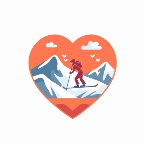 Skiing in the mountains. Vector illustration in flat style.